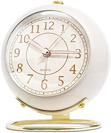 JUSTUP Small Table Clocks, Classic Silent Non-Ticking Tabletop Kids Room Analog Alarm Clock Battery Operated Desk Clock with Backlight HD Glass for Bedroom Living Room Kitchen Indoor Decor (White)