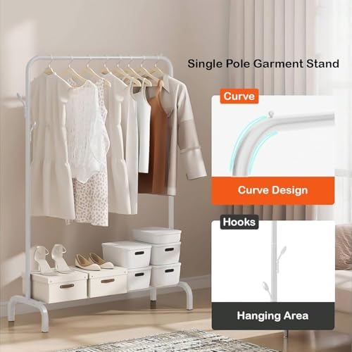Image of Lukzer | Heavy-Duty Metal Garment Rack with Bottom Storage Shelf & 4 Side Hooks | Freestanding Clothes Stand for Bedroom, Entryway, Living Room | White | 40 x 110 x 148 cm | Model No. MGS-001