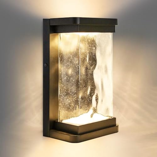 Lutec 1000 Lumen Outdoor Led Wall Light Fixture, Dusk To Dawn Porch Light Wall Sconce With Seeded Glass, Matte Black Wall Lantern Exterior Lighting For House Backyard Patio cover