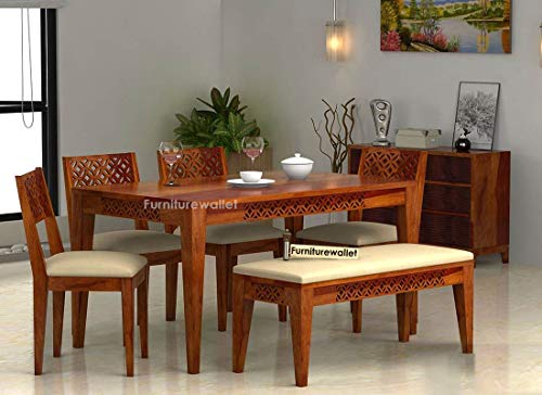 Image of Sheesham Wood Dining Table 6 Seater with Bench for Dining Room in Honey Finish