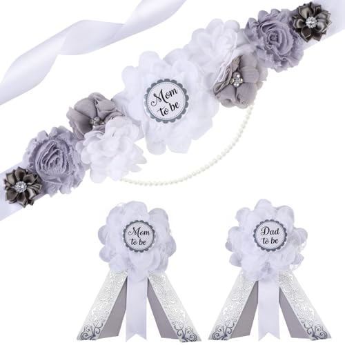 Image of Gray and White Gender Reveal Maternity Sash Kit, Sliver White Baby Shower Belly Belt and Mom to Be Dad to Be Corsage Pins, New Parents Pregnancy Announcement Photo Props Party Supplies