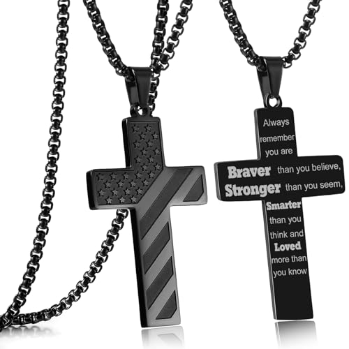 RWQIAN American Flag Cross Necklace for Men Bible Verse, Christian Religious Scriptures Faith Baptism 1st First Communion Pendant Chain for Boys, Fathers Dad Day Graduation Jewelry Gifts for Him