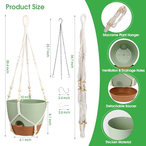 Hanging Planters for Indoor Outdoor Plants, 2 Pack Self Watering Hanging Pot with Drainage Holes, Removable Tray & 2 Kinds of Plant Hangers, 10'' Hanging Flower Pots for Home Garden Decor, Green