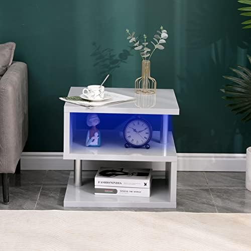 ALPHA Modern High Gloss Lamp Tables Side Tables End Tables Small Coffee Table with LED Lights S-Shaped Style for Living Room Furniture White or Grey (Grey)