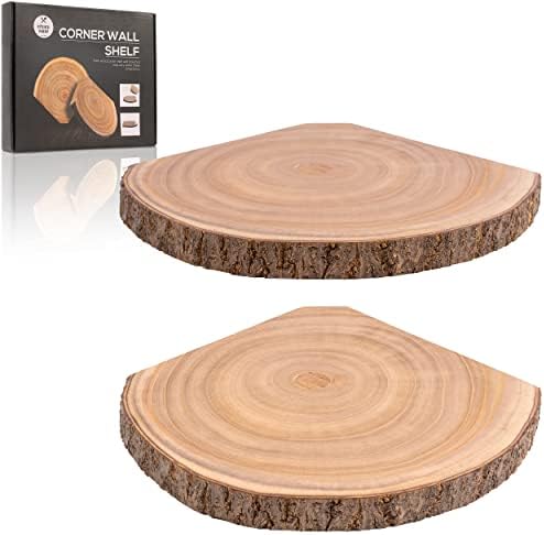 KITCHENMANIA Corner Wall Shelf,Corner Floating Shelves Set of 2, Wood Slices with Bark Decorations Style,Wall Mount Storage Display for Bathroom,Kitchen,Living Room Decor,Bedroom,Office,Plant