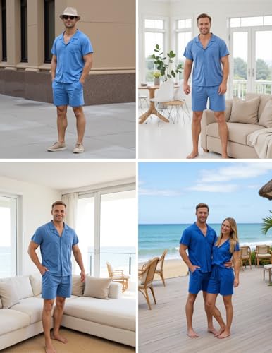 Marvmys Men Pajama Set Cotton Sleepwear Short Sleeve Button Down Pajamas Loungewear 2 Piece Pj Set with Pockets S-2XL3