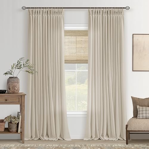 Image of Oatmeal Pinch Pleat Semi Sheer Linen Curtains 102 Inch Long for Living Room | Warm Beige Neutral, Light Filtering Privacy, Nursery, Faux Linen Textured, Hook Rings Memory Shape, Boho Cottage Farmhouse