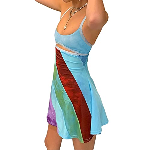 Image of Aopwsrlyi Women's Spaghetti Strap Mini Dress Sexy Sleeveless Backless Colorful Print Summer Going Out Club Party Dress
