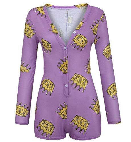 heymoney Womens Summer Sexy Low Cut Long Sleeve Print Buttoned Lounge Sleepwear Rompers 3 XS