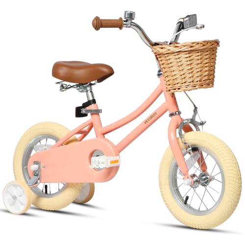Image of Petimini Vintage Kids Bike for Girls, 12-20 Inch Classic Bicycle with Wicker Basket & Bell, High Tensile Steel Frame, Training Wheels (12-18 inch), 85% Pre-Assembled, Retro Bike for Outdoor Riding