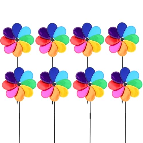 8 Stück Windrad Blume 30cm Regenbogen Sparkly Windmühle Spinner Windspiel Windrad Garten Windräder Vogelabwehr für Rasen Windrad Hof Garten Terrasse Balkon Gartenstecker Deko