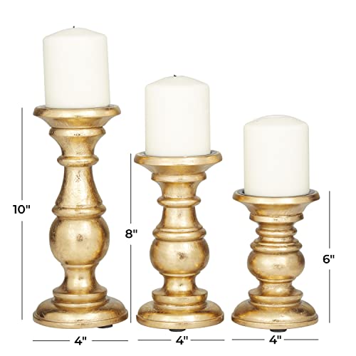 Deco 79 Traditional Mango Wood Pillar Candle Holder, Set Of 3 10", 8", 6"H, Gold #TOP2
