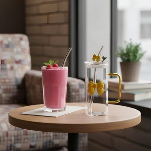 Image of FUNKYFINDS Cute Yellow Bow Square Glass Cup 400 ml with Handle, Lid & Bow Straw Cute Korean Style Cup for Milk, Juice, Coffee & Smoothies Coquette Bows Birthday Gifts for Girls Women (Set of 1)