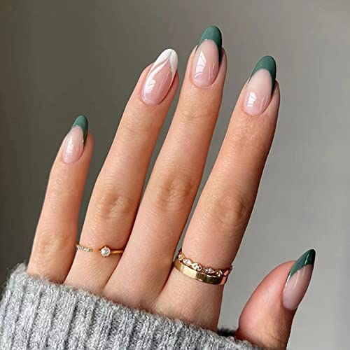 Press on Nails Short Fake Nails Almond Press on Nails with Designs Glossy Glue on Nails Full Cover Green French Nail Tips Stick on Nails False Nails with Glue Nails for Women Manicure Decor 24Pcs
