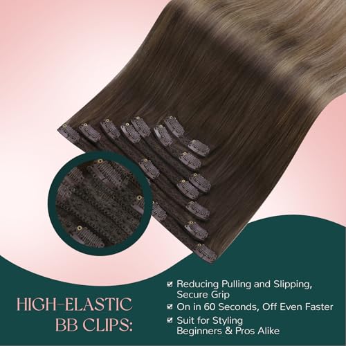 Image of Easyouth Clip in Hair Extensions Human Hair Brown Balayage Clip in Human Hair Extensions Dark Brown Fading to Chestnut Brown and Ash Blonde Hair Extension Clips ins 20 In 7Pcs 120G