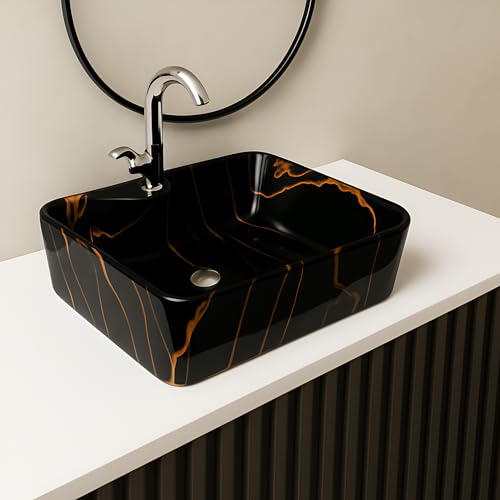 Image of Modern White Ceramic Countertop Wash Basin, Designer Table Top Vanity Sink for Bathroom, Hotel & Residential Use, 19 x 14 x 5 Inch