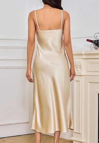 Image of ALCEA ROSEA Women's Long Satin Slip Dress Nightgowns Sexy Lingerie Adjustable Strap Midi Dress Silky Gown V Neck Under Dress
