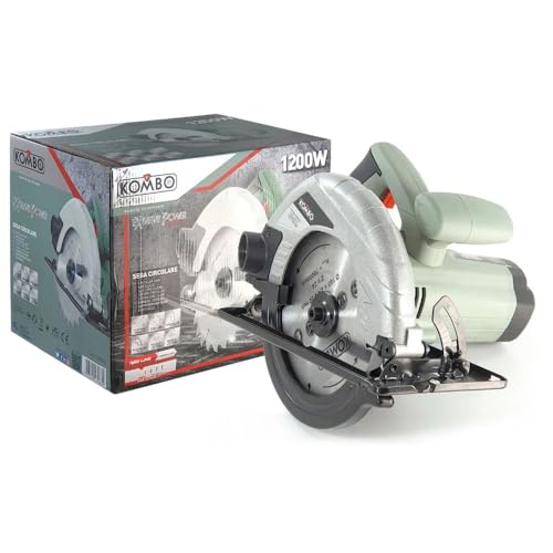 KOMBO - Sega Circolare 1200W con Disco Ø185 mm, Profondità di Taglio Regolabile fino a 65 mm, Tagli Obliqui fino a 45°, Guida Laterale Inclusa, 4500 Giri/min