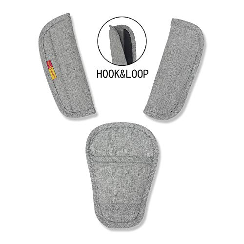 Image of 3 Pieces Baby Stroller Car Seat Strap Covers and Crotch Pad Combo Grey, Universal Soft Seat Belt Strap Covers for Newborns Infants Kids Child, Pushchair Seat Belt Covers