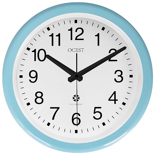 OCEST 12 Inch Sealed Indoor Outdoor Clock Waterproof, Large Display, Easy to Read, Silent Non-Ticking Battery Operated Wall Clock for Bathroom, Patio, Pool, Porch, Garden（Blue）