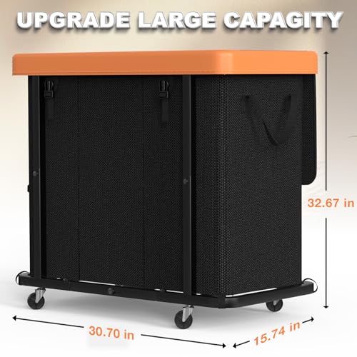 Image of 230L (60 Gal) Large Fashion Laundry Basket with Wheels, Leather Patchwork Laundry Sorter 3 Section, Sturdy Metal Frame, Removable Washable Bag, Tall Clothes Sorter for Bedroom - Black