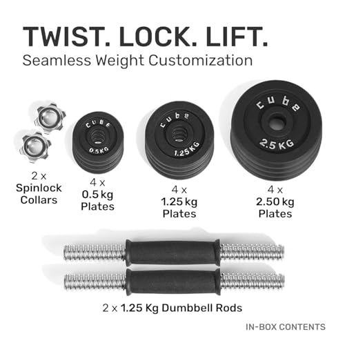 Image of The Cube Club Iron Dumbbells Set for Home Workout Gym Equipment with Anti-Slip Rod | 20kg Cast Iron Adjustable Dumbbell Weights with Carry Case Box for Men and Women Exercise