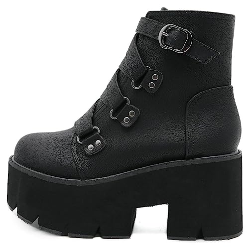 Image of Parisuit Womens Goth Patent Ankle Boots Platform Chunky Combat Boots | Lace Up, Gothic Boots, High Heel, Punk Short Booties, Buckle Boots, Chain Boots