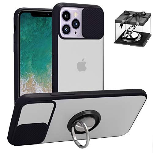 MESTRIEV iPhone 12 Pro Max ケース スライド式 ［カメラレンズ保護］［リング付き］360°回転 マグネット式車載ホルダー対応 レンズカバー マット クリアバック つや消し 半透明 ソフトエッジ 耐衝撃 擦り傷防止 指紋防止 滑り止め アイホン 12 Pro Max専用 6.7インチ スマホケース(ブラック）