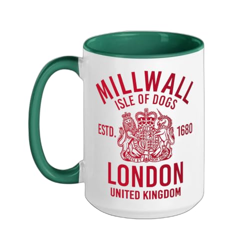 Millwall London United Kingdom Seal Red Print Ceramic Mug, Dark Green/White, 15oz