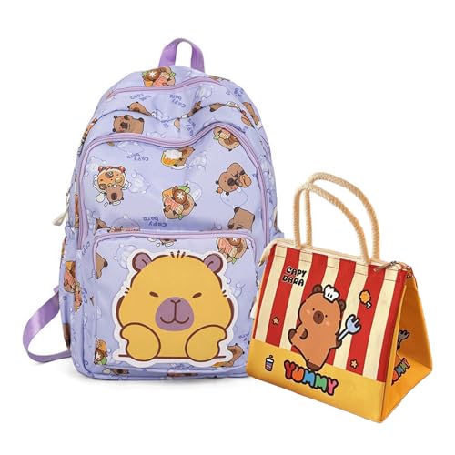 Capybara Backpack Nylon Smile Capibara Bag Kawaii Capivara Cute Kapibara Bag Capy Bara Cappy Barra Daypack (Purple with Lunch Box)