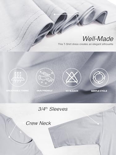 Image of STATUS MANTRA Women's Long T-Shirt Dress - Cotton Casual Knee Length Dress with 3 /4 Sleeves | Soft Bio-Washed Fabric, Crew Neck, Relaxed Fit | Comfy Summer Lounge Wear