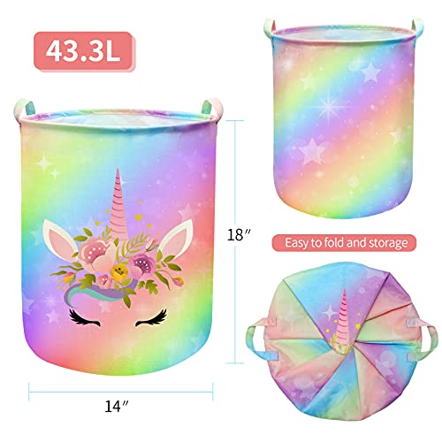Image of Unicorn Laundry Basket Hamper Large Sized Round Storage Basket Waterproof Bin Collapsible Laundry Basket for Girls Room Organizer, Bedroom Nursery Playroom Clothes (43.3L)