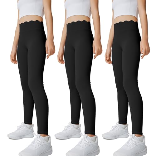 Girls 3 Pack Yoga Pants Scallop Waist Workout Running Athletic Leggings for Kids in 6-13 Years