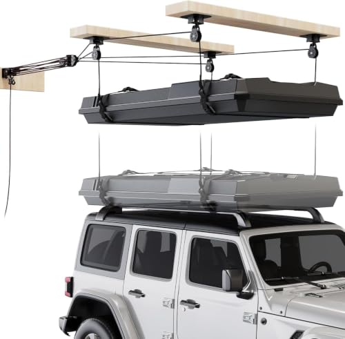Garage Ceiling Storage Lift System Roof Top Tent Hoist, Heavy Duty Overhead Pulley System for Garage Storage Rack, 4-Point Lift 250lb Capacity, Adjustable Straps Fits 8-16ft Ceiling