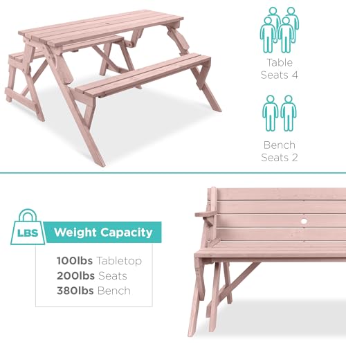 Image of Best Choice Products 2-in-1 Transforming Interchangeable Outdoor Wooden Picnic Table Garden Bench for Backyard, Porch, Patio, Deck w /Umbrella Hole - Pink