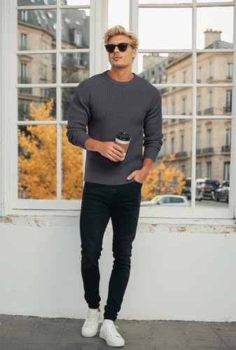 Askdeer Men's Crewneck Pullover Sweater Waffle Textured Long Sleeve Casual Knit Sweater Tops3
