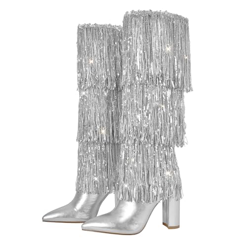 VERISSON Point Toe High Heeled Rinestones Tassels Boots with Glitter Fringe