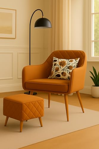 Image of Velvet Accent Chair with Matching Pouffe & Floral Cushion | Modern Upholstered Armchair with Gold Metal Legs | Lounge Chair for Living Room, Bedroom, Office, Guest Room (Light Brown Diona)