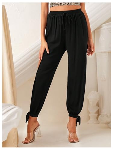 WDIRARA Women's High Waisted Slit Harem Pants Bow Tie Drawstring Cropped Trousers4