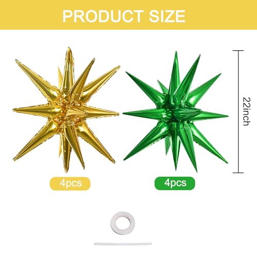 Image of TONIFUL 8 Pcs Green and Gold Explosion Star Foil Balloon Party Decoration | 22 Inch Large Mylar Star Balloon for New Year Christmas St. Patrick's Day Safari & Dinosaur Themed Kids Birthday Party Decor