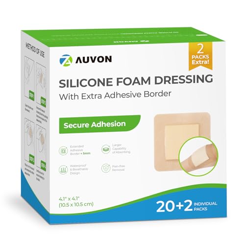 Image of AUVON Silicone Foam Dressing with Large Adhesive Border, 4 inch x 4 inch 22 Packs Wound Dressing Bandage with High Absorbency, Waterproof Silicone Foam Pads for Wound Care & Protection Plus Cushioning