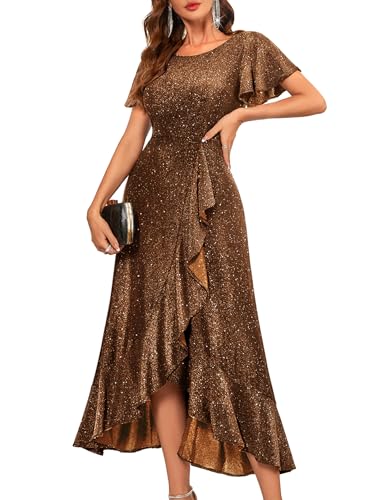 BeryLove Women Sequin Formal Party Dresses Flutter Short Sleeve Wedding Guest Cocktail Long Evening Dress S007 Brown S