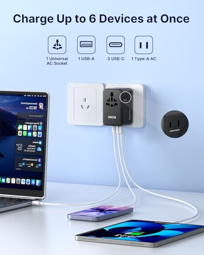Image of VINTAR 140W GaN Universal Travel Adapter, 6-in-1 International Power Adapter with 2AC, 3 USB-C PD & 1 USB-A QC, All-in-One Charger Compatible with EU /UK /US /AU for Laptops, Tablets, Phones, Cameras