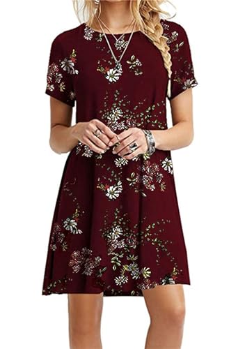 TYQQU Femme Robe Tunique Loose Imprimée Robe Elégante Manches Courtes Robe Tunique Mini Multicolore Rouge VIN Fleur 2XL