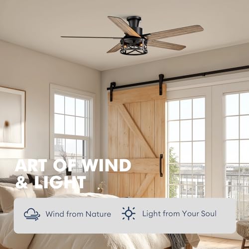 Image of 52 Inch Flush Mount Ceiling Fans with Lights and Remote Control, Low Profile Farmhouse Ceiling Fan for Bedroom Living Room and Patio, Black Caged Ceiling Fan for Indoor and Outdoor(NO BULBS)