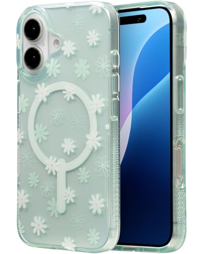 ZAGG Milan Snap Case for iPhone 16 - Floral Design on Green Transparent Base, MagSafe & Wireless Charging Compatible, 13ft Drop Protection, Eco-Friendly, Graphene Reinforced, Green Daisies