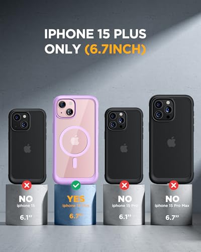 Image of Miracase Magnetic for iPhone 15 Plus Case 6.7'' [Compatible with Magsafe] Full-Body Military Drop Proof 15 Plus Phone Case Cover with Built-in 9H Tempered Glass Screen Protector,Light Purple