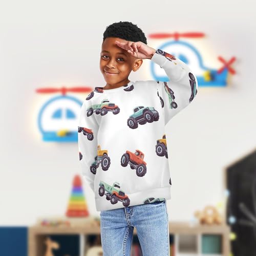 JUNZAN Cartoon Truck Cars White Little Kids Sweatshirt Hoodie Crewneck Boys Sweat Shirt Party 4T4