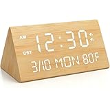 Kogonee Wooden Digital Alarm Clock, 0-100% Dimmer, 2 Alarm Settings, Weekday/Everyday Mode, 9 Mins Snooze, 12/24H, Temperature and Date Display for Office, Travel, Bedroom Alarm Clock (Bamboo)