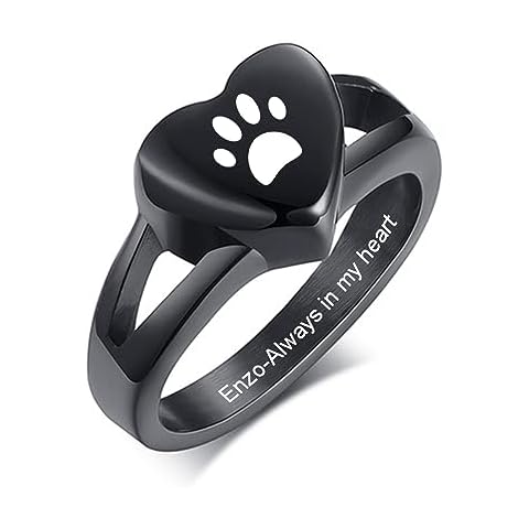 Shineyou Personalized Urn Ring for Dog/Cat Ashes Custom Heart Paw Print Cremation Ring Heart Pawprint Locket Ashes Holder Pet Loss Memorial Keepsake Cover